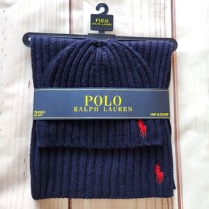 NWT Polo Ralph Lauren Beanie Hat & Scarf Set Navy Blue Men's Accessories Unisex